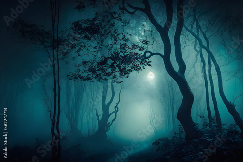 Illustration of dark scary forest under clouds of fog. A scene from a horror movie  smoke  mist. Autumn night. Bare tree  fright  magical realism. Fear concept.