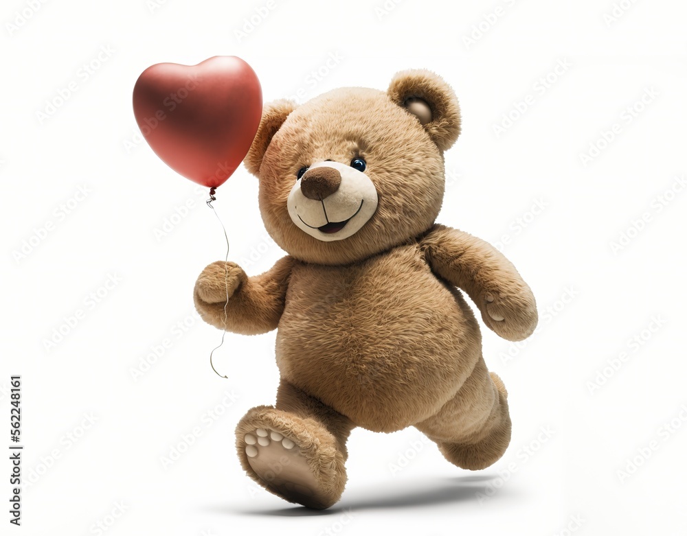 Obraz premium Teddy bear holding heart on white background - Valentines Day - Generative AI
