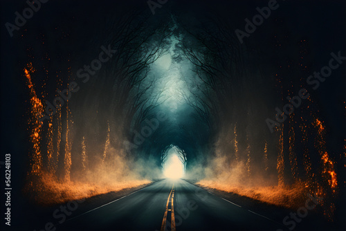 Illustration of dark road at scary forest under clouds of fog. A scene from a horror movie, smoke, mist. Autumn night. Bare tree, fright, magical realism. Fear concept.