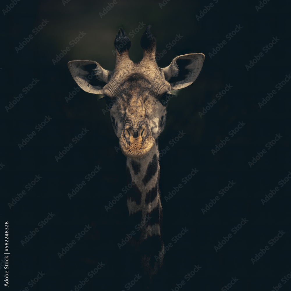 Close-up of a giraffe isolated on clean dark background, looking at the camera as if to say You looking at me? With space for text. 