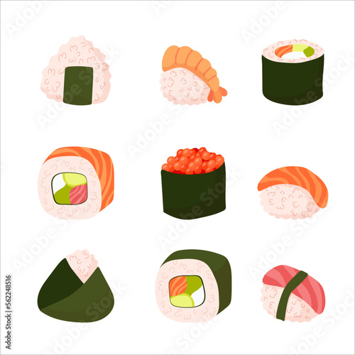 Set for sushi. Different types of sushi and rolls. Traditional Japanese roll  with tobiko caviar  original with Philadelphia cheese and soy sauce  salmon and king prawns. Vector illustration