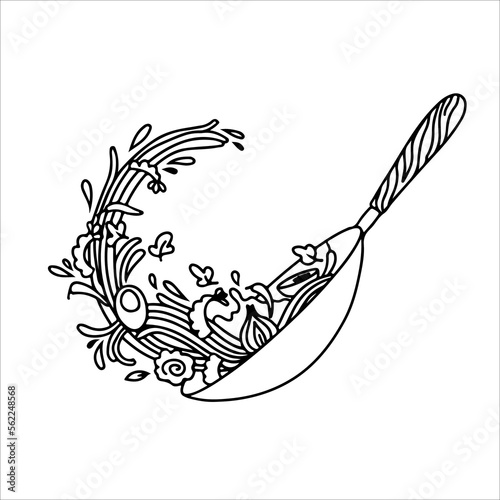 Wok pan and ingredients for wok sketch. Asian food. Noodles, meat, pepper and other ingredients. Asian cuisine.