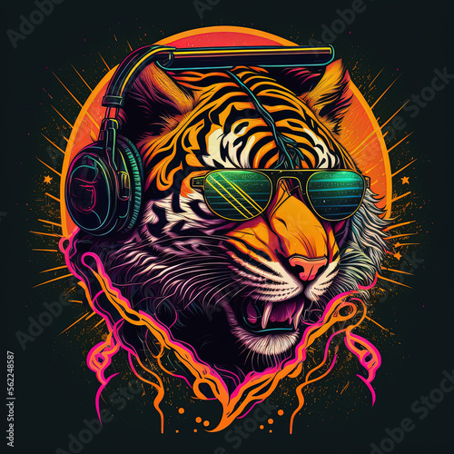 Cool neon party tiger in headphones and sunglasses. Generative AI Not