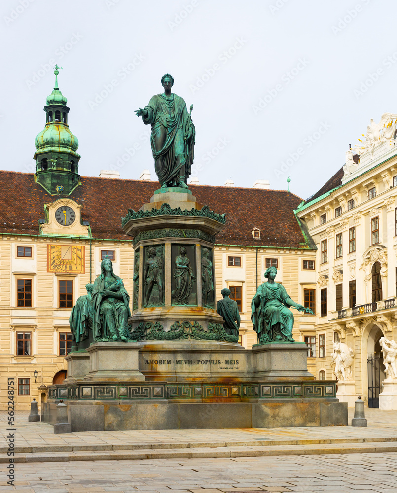 Bronze statue of the first Austrian Emperor Francis II, mounted on a multi-tiered pedestal with the signature in the city Vienna, Austria