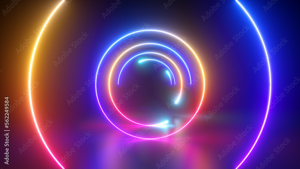 Fototapeta premium 3d render, abstract neon background with colorful glowing round lines. Tunnel effect