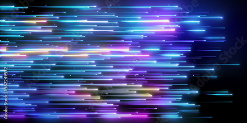 3d render, abstract neon background. Pink blue glowing lines, speed of light, meteor shower. Digital wallpaper