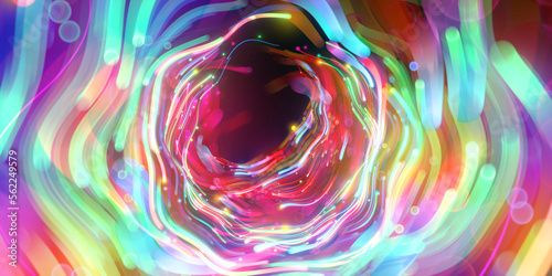 3d render, abstract colorful neon background. Speed of light, motion blurry lines and bokeh lights. Digital wallpaper