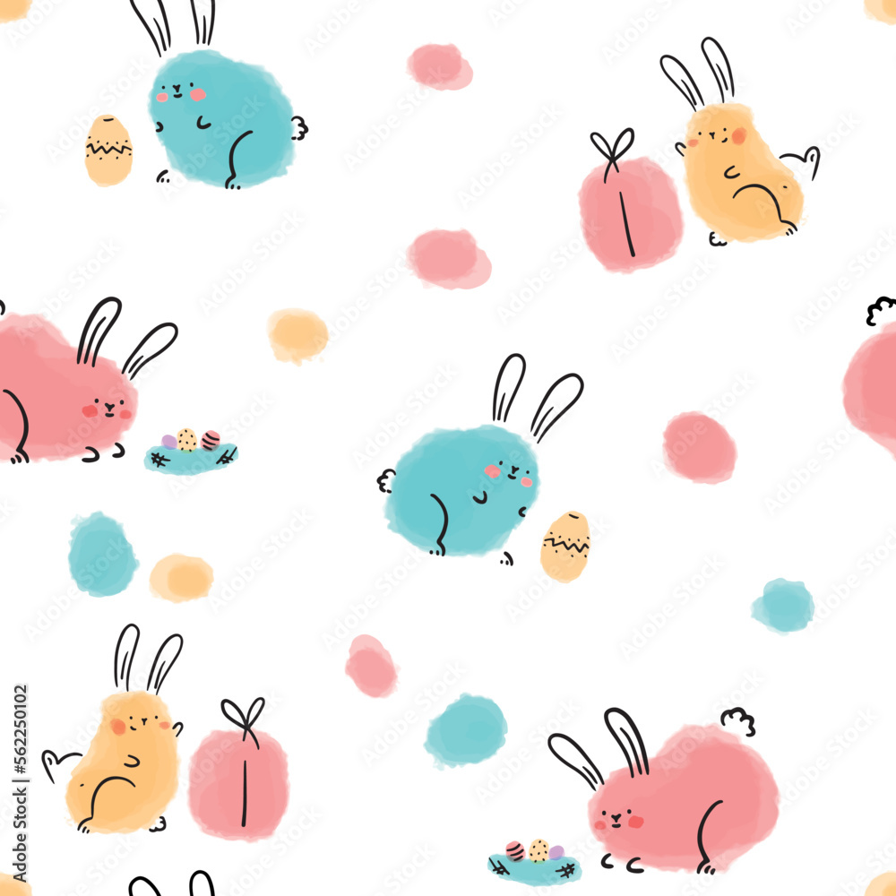 Seamless pattern for holiday Happy Easter. Watercolor bunnies with eggs. Bunny with gift and Easter egg. Cute Rabbit. Brush stroke. Multicolored handdrawn illustration for celebration. Greeting card. 