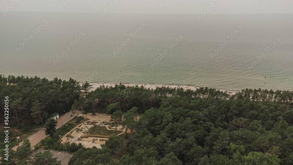 Sand beach with green pines, sea with waves on the Baltic Sea from above Sand beach with green pines, sea with waves on the Baltic Sea from above