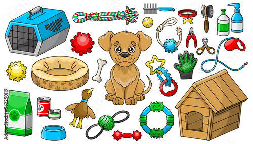 Set of dog goods. Collection of Products and accessories for pet shop. Food, toys, beds and other supplies for domestic animals. Colorful vector isolated illustrations in cartoon style.