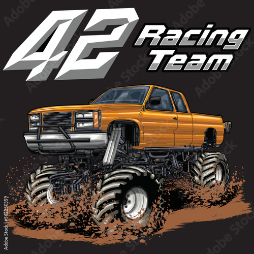 Mega Truck racing splash isolated on black background, for graphic design, screen print, DTG, DTF, poster and business elements.