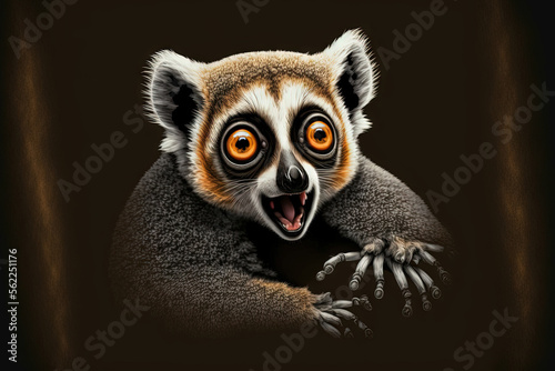 Cute Lemur's Face in Close Up, Slow Loris seated and gazing with mouth open against a funny animal isolated on a black background. Generative AI © AkuAku
