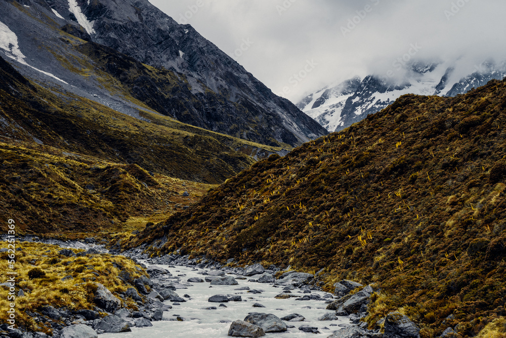 Glacial Stream Flowing Mountain Landscape in Mount Cook National Park, New Zealand 2