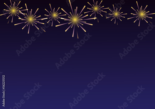 Yellow and purple fireworks with holiday celebration symbols on blue and black color background, empty space for display logo and content, creative design vector illustration.