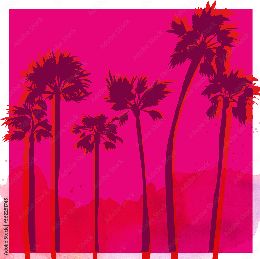 Square card pink palm tree california travel summer seaside vacation illustration surf paradise