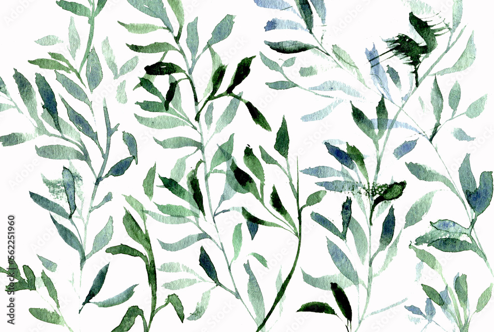 Sfondo con rami di foglie verdi, acquerello isolato su sfondo bianco