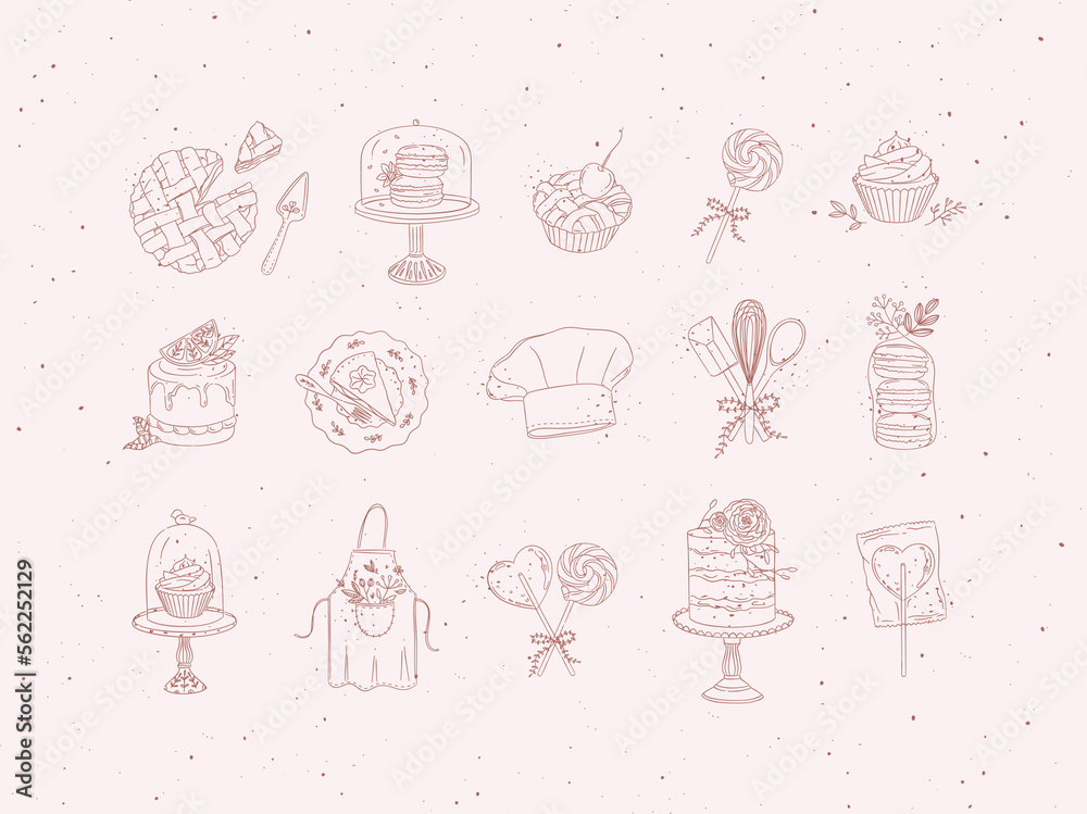 Bakery desserts and kitchen appliances in hand drawing style on peach background.
