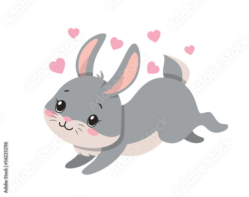 Rabbit in love. Forest dweller with hearts. Toy or mascot for children. Stieker for social networks and reaction for instant messengers. Romance and tenderness. Cartoon flat vector illustration