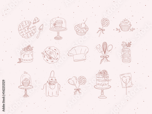 Obraz na płótnie Bakery desserts and kitchen appliances in hand drawing style on peach background. w salonie