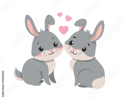 Rabbit in love. Poster or banner for website. Love and romance, happy animal family. Wild life and nature, forest dwellers. Invitation and greeting postcard design. Cartoon flat vector illustration