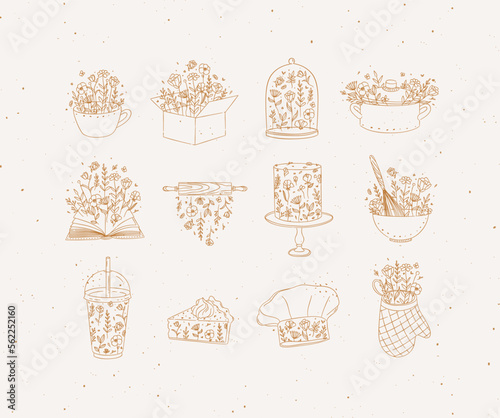 Sweets cooking appliances with flowers in hand drawing style on beige background