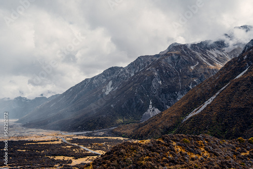 Valley Surrounded By Snow Covered Mountains in Mount Cook National Park, New Zealand