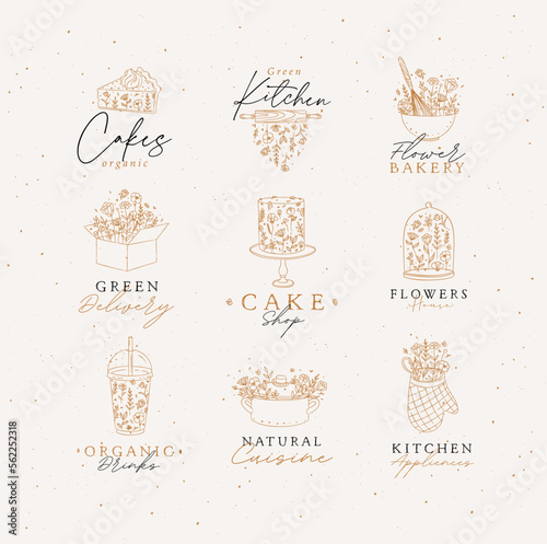 Sweets cooking appliances labels with flowers and lettering in hand drawing style on beige background