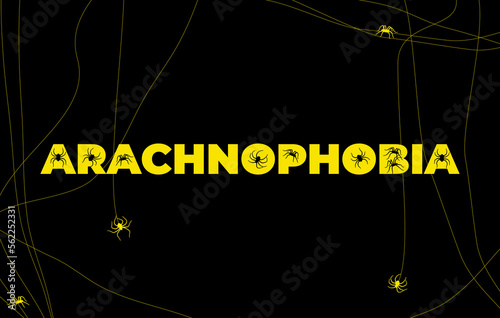 Arachnophobia, a special phobia of fear of spiders, panic fear. Vector background, simple and minimalistic with spiders in the title.