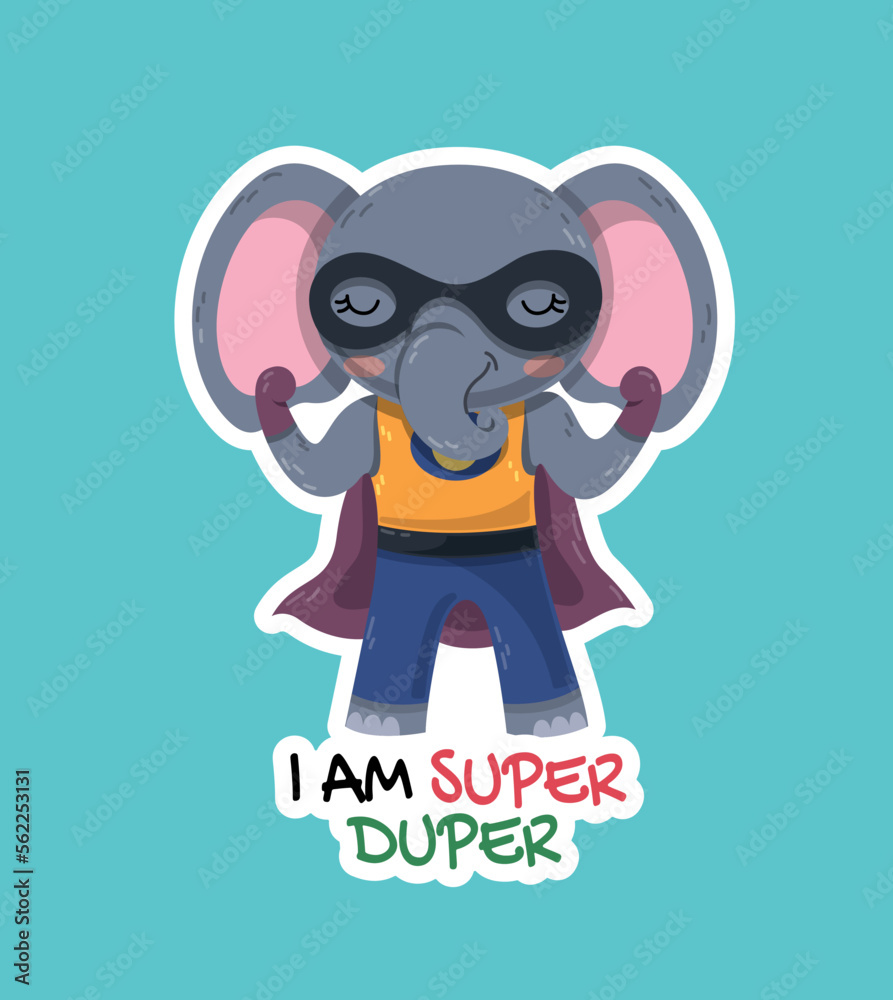 Cute superhero elephant icon. Gray animal with big ears and trunks stands in mask and cloak and shows biceps. Symbol of strength and energy. Imagination and fantasy. Cartoon flat vector illustration Cute superhero elephant icon. Gray animal with big ears and trunks stands in mask and cloak and shows biceps. Symbol of strength and energy. Imagination and fantasy. Cartoon flat vector illustration