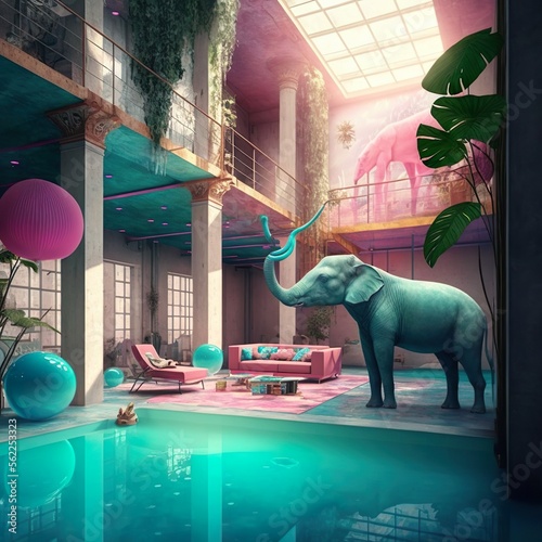 éléphant piscine dali cyan rose synthwave lofy retrowave 80s Cyberpunk Neonlight photo