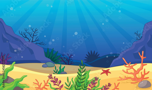 Under water background. Sea or ocean and landscape. Sea star and algae. Poster or banner for website. Flora and fauna. Colorful foliage, botany and floristry. Cartoon flat vector illustration