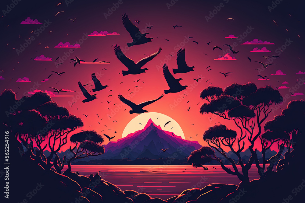 flying birds in front of a sunset. Generative AI
