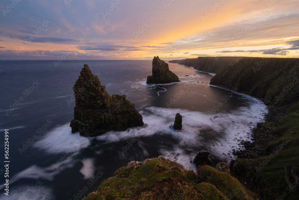 Colorful sunset over Duncansby stacks, Duncansby head, Scotland