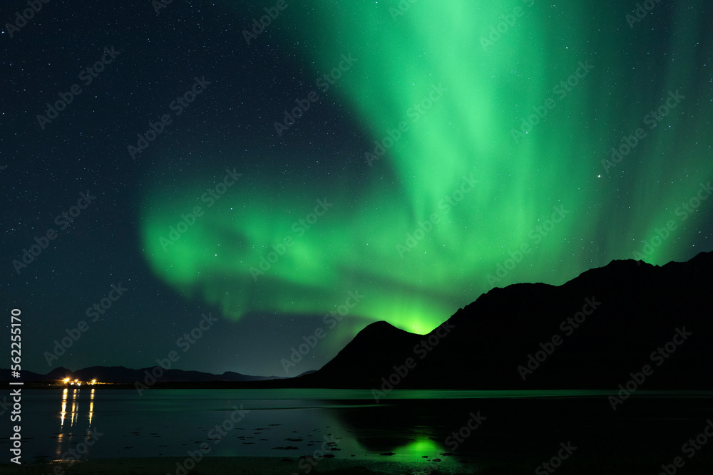 Northern Lights Over Grunnforfjorden, Lofoten Islands, Straumnes