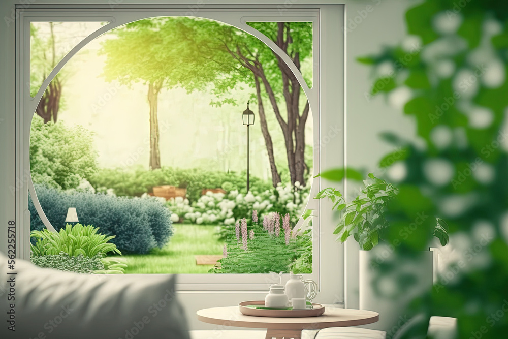 Fototapeta premium abstract blurred green garden natural view from window in living room panoramic background for design concept. Generative AI