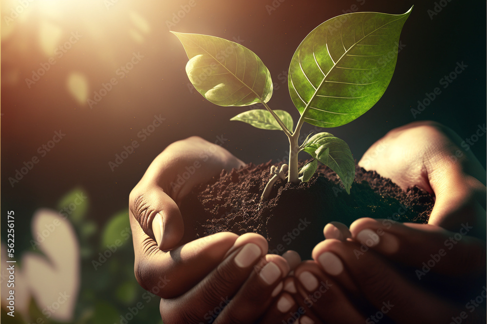 Nurturing the Future: Hands Holding and Caring for a Green Young Plant, Symbolizing Growth and Promise (ai generated) - obrazy, fototapety, plakaty 