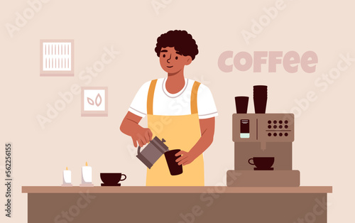 Barista at workplace. Man sitting with coffee or tea, hot drink. Employee or owner of nice little business prepares cappuccino or mochachino. Cafe or restaurant. Cartoon flat vector illustration