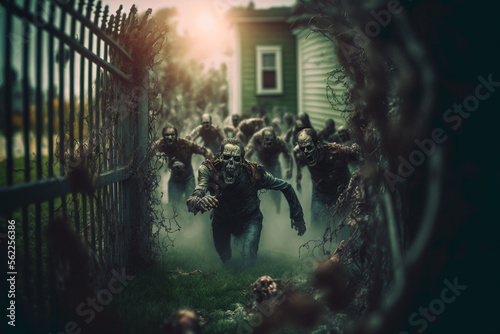 a zombie mob attacks a suburban town - generative AI