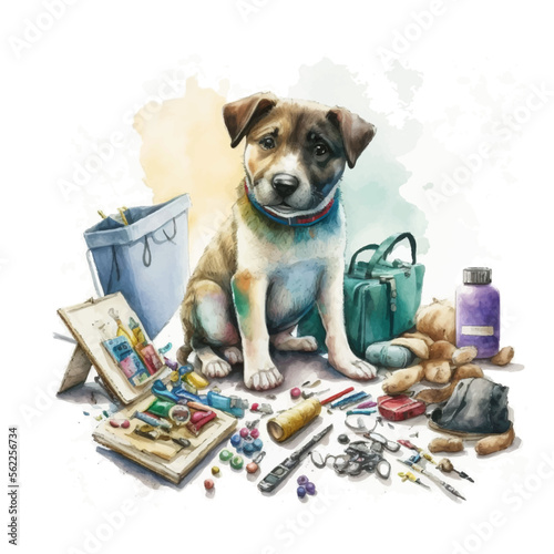 Cute puppy dog sitting among various objects