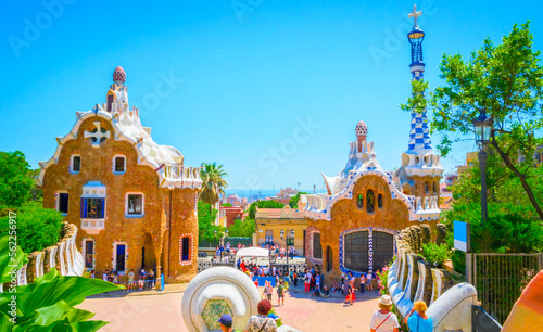 Canvas Print View of the city from beautiful public park Guell in Barcelona, Catalonia, Spain