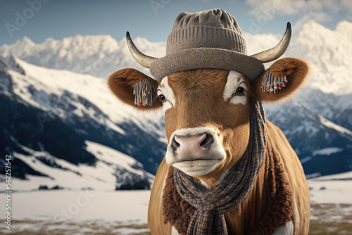 Fotografia Funny cow in the alps wearing hat and scarf - Generative AI