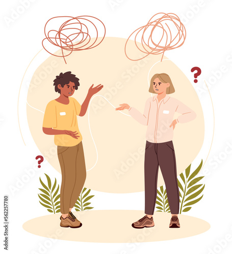 Conflict between concept. Man and woman criticize each other, dispute and discontent. Feelings, facial expressions and gestures, emotions. Parents and children. Cartoon flat vector illustration