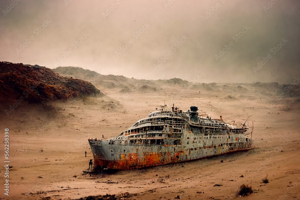 bateau de croisière échoué sur le sable dans le désert à cause du réchauffement climatique - illustration IA - obrazy, fototapety, plakaty 