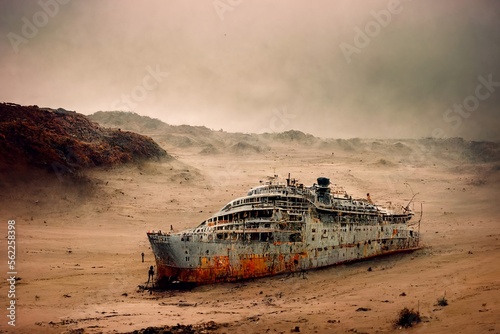 bateau de croisière échoué sur le sable dans le désert à cause du réchauffement climatique - illustration IA