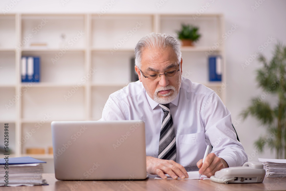 Old male employee working in the office Old male employee working in the office