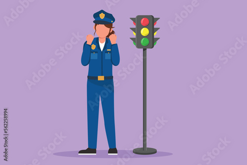 Cartoon flat style drawing of happy policewoman standing near traffic light in full uniform with celebrate gesture and working to control vehicle traffic on highway. Graphic design vector illustration