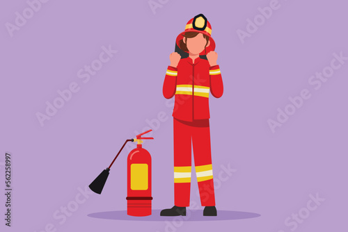 Graphic flat design drawing female firefighter stands with fire extinguisher wear helmet, uniform with celebrate gesture. Working to extinguish fire in burn building. Cartoon style vector illustration