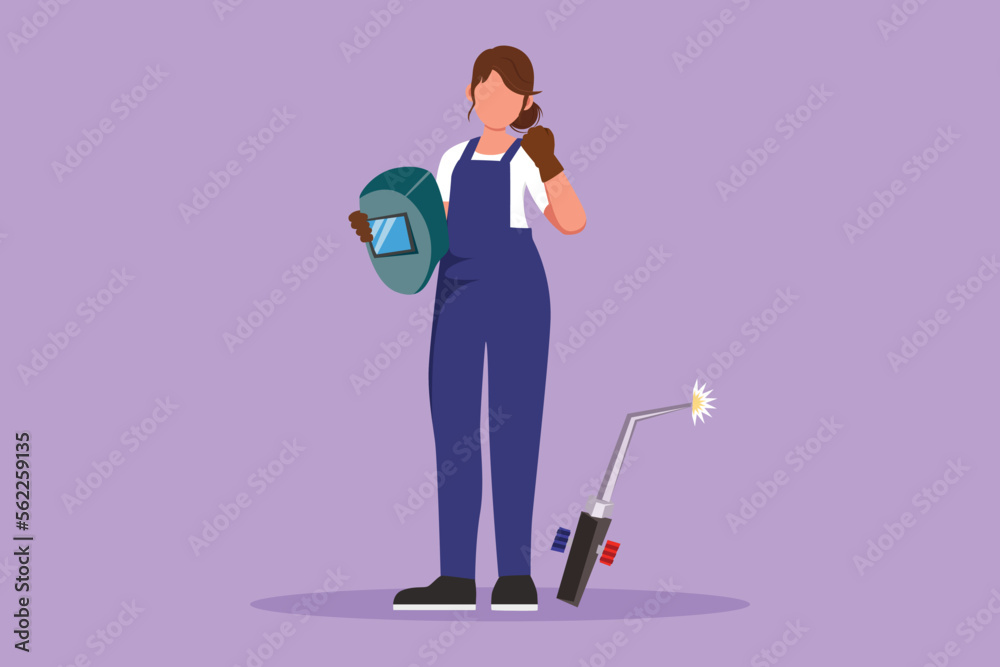 Cartoon flat style drawing female welder standing with celebrate gesture and holding face shield ready to work in iron workshop. Manufacturing worker with metalwork. Graphic design vector illustration Cartoon flat style drawing female welder standing with celebrate gesture and holding face shield ready to work in iron workshop. Manufacturing worker with metalwork. Graphic design vector illustration