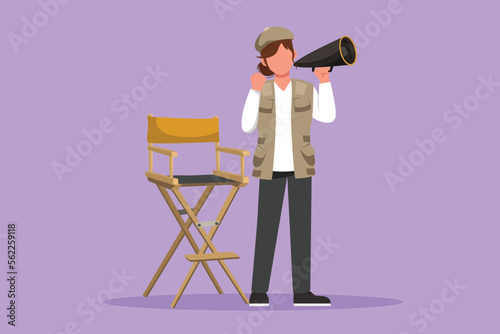 Character flat drawing woman film director stands and holding megaphone with celebrate gesture while prepare camera crew for shooting action film. Creative industry. Cartoon design vector illustration