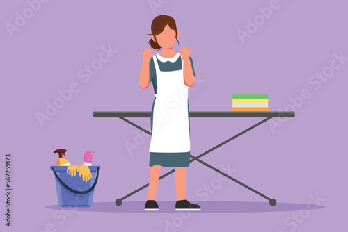 Character flat drawing of maid in hotel standing in front of ironing board and clean equipment with celebrate gesture. Female worker working with great hospitality. Cartoon design vector illustration